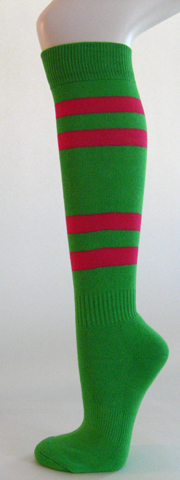 Bright green knee high softball socks with hot pink stripes