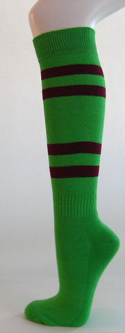 Bright green knee high softball socks with maroon stripes