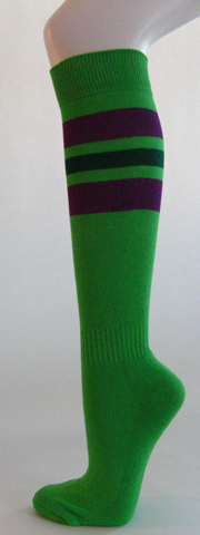 Bright green with purple dark green stripe knee softball socks 3 PAIRs