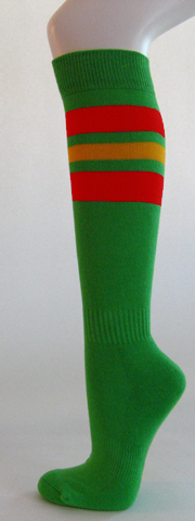 Bright green with red golden yellow stripe knee softball socks 3 PAIRs