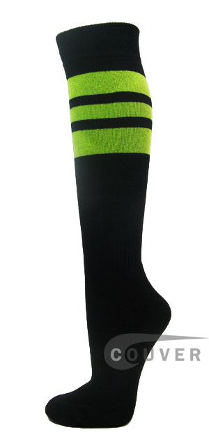 Couver Black Sports Knee Socks w Bright Lime Green Stripes 3PRs