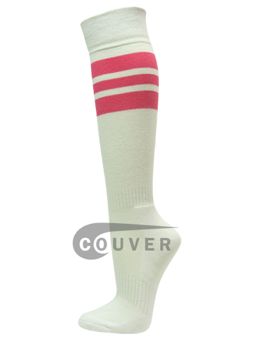 Bright Pink Stripe on White COUVER Sport/Softball Knee High Socks 3PRs
