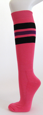 Bright pink with black and purple stripe knee high softball socks 3PAIRs