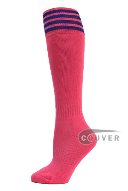 Bright Pink Blue Striped Youth Soccer Football Socks, 3PAIRS