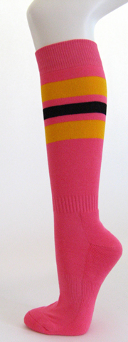Bright pink with golden yellow black stripe knee high socks 3PAIRs