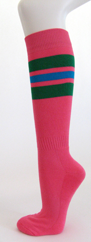 Bright pink with green bright blue stripe knee high softball socks 3PAIR