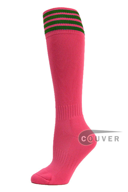 Bright Pink Green Striped Youth Soccer Football Socks, 3PAIRS