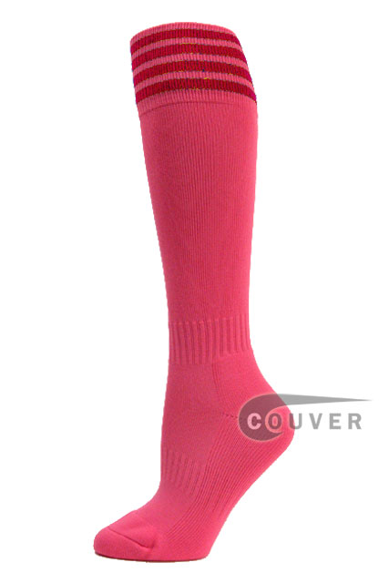 Bright Pink Red Striped Youth Soccer Football Socks, 3PAIRS