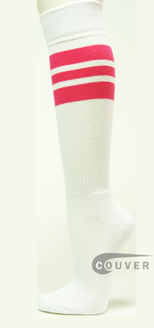 Bright Pink Stripe on White Couver Sport/Softball Knee Sock 3PRs