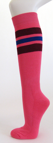 Bright pink with maroon and purple stripe knee high softball socks 3PAIR
