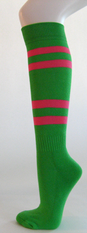 Bright green knee high softball socks with bright pink stripes