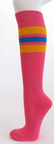 Bright pink with golden yellow bright blue stripe knee high socks 3PAIRs