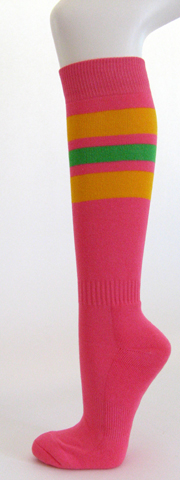 Bright pink with golden yellow bright green stripe knee high sock 3PAIRs