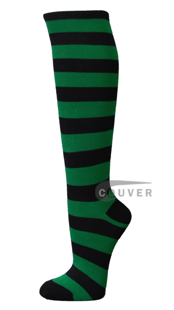 Black and Green Wider Stripe Couver Cotton Knee High Sock 6 Pairs