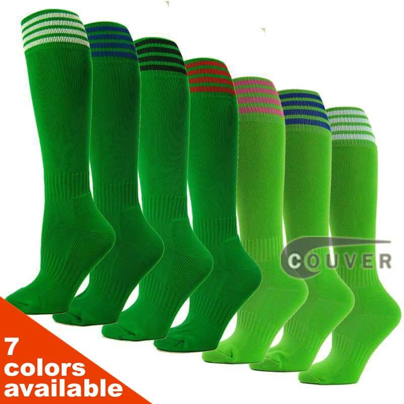 COUVER Youth Nylon 4-Striped Green Sports Knee High Socks - 3Pair Pack