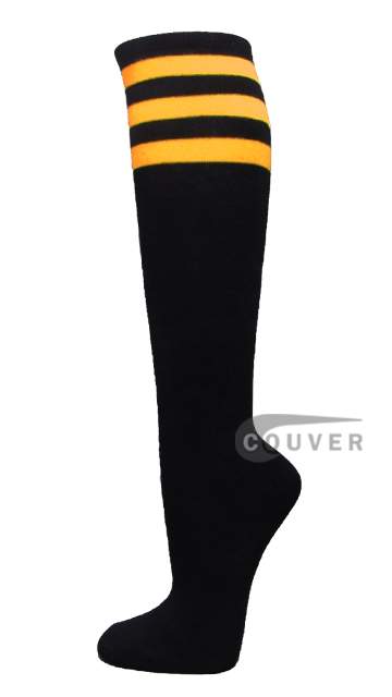Yellow Striped COUVER Black Cotton Fashion Non-athletic Knee Socks 6PRs