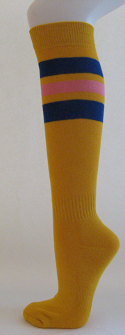 Golden yellow with blue pink stripe knee high softball socks[3 Pairs]
