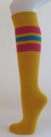 Golden yellow with hot pink bright blue striped knee high softball 3PAIR