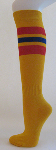 Golden yellow with red and blue stripe knee high softball socks[3 Pairs]