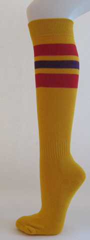 Golden yellow with red and purple stripe knee high softball sock 3 Pairs