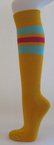 Golden yellow with light sky blue and bright pink striped knee 3PAIRs