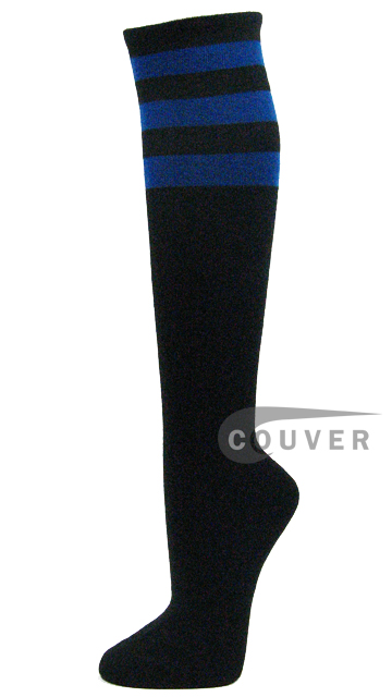 Blue Striped COUVER Black Cotton Fashion Non-athletic Knee Socks 6PRs