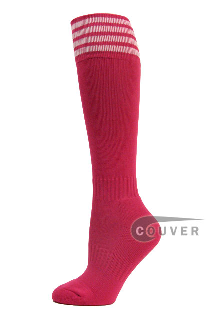 Hot Pink White Stripe Youth Football Soccer Socks, 3PAIRS