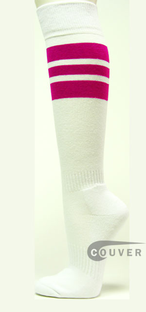 Hot Pink Stripes on White Couver Knee High Sports Socks, 3PRS