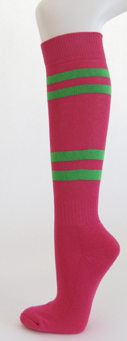 Hot pink knee high softball socks with bright green stripes
