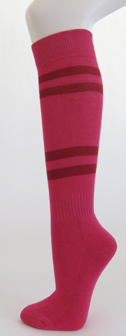 Hot pink knee high softball socks with dark red stripes