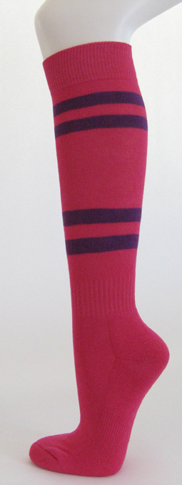 Hot pink knee high softball socks with purple stripes