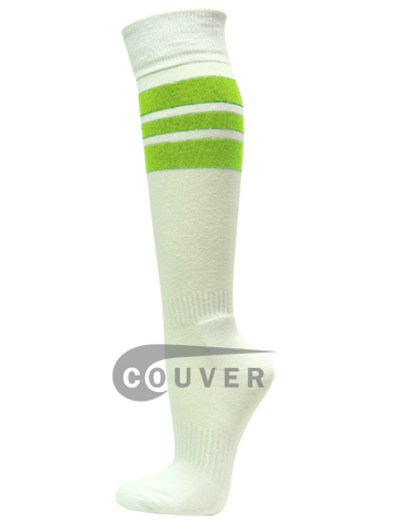 Bright Lime Green Stripe & White Couver Sports Knee Socks, 3PRS