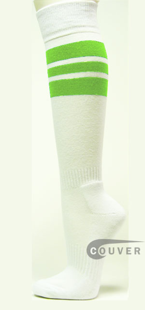 Bright Lime Green Stripe & White Couver Sports Knee Socks, 3PRS