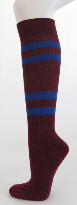 Maroon knee high softball socks with blue stripes