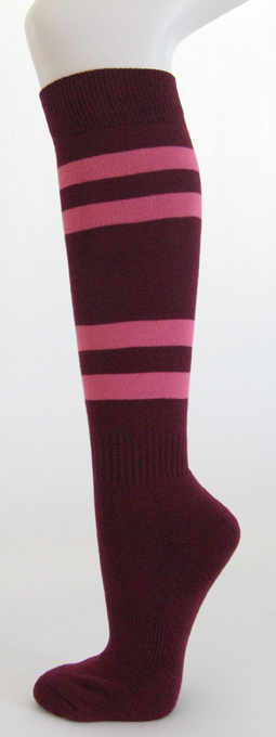 Maroon knee high softball socks with pink stripes