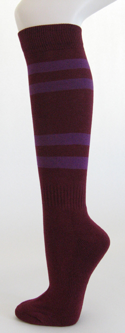 Maroon knee high softball socks with purple stripes