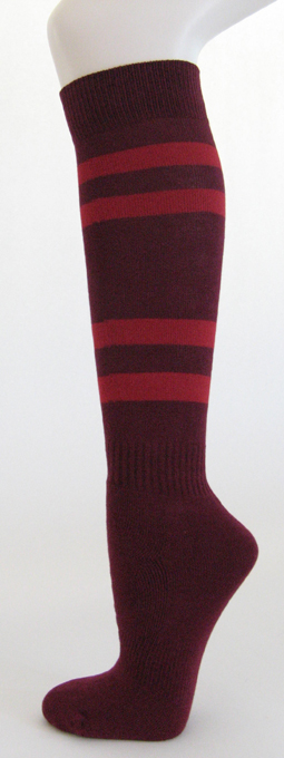 Maroon knee high softball socks with dark red stripes