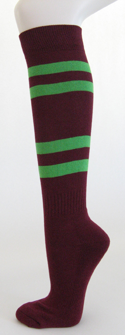 Maroon knee high softball socks with bright green stripes