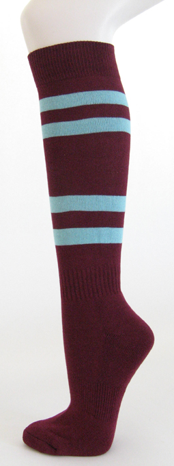 Maroon knee high softball socks with light sky blue stripes