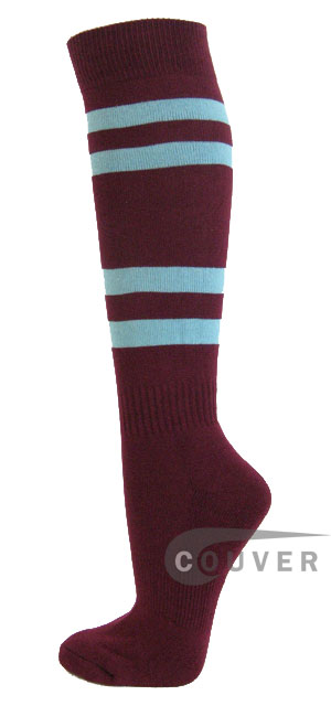 Maroon knee high softball socks with light sky blue stripes