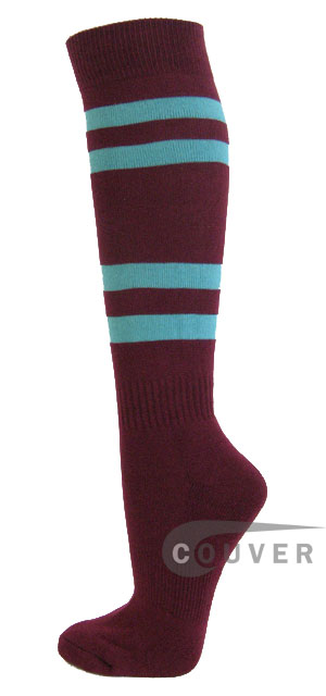 Maroon with Sky Blue Stripes COUVER Sports Knee Socks 3PAIRs