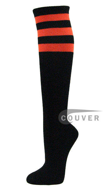 Orange Striped COUVER Black Cotton Fashion Non-athletic Knee Socks 6PRs - Click Image to Close