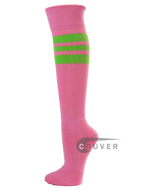 Pink COUVER Sports/Softball Socks with Bright Lime Green Stripes 3PAIRs