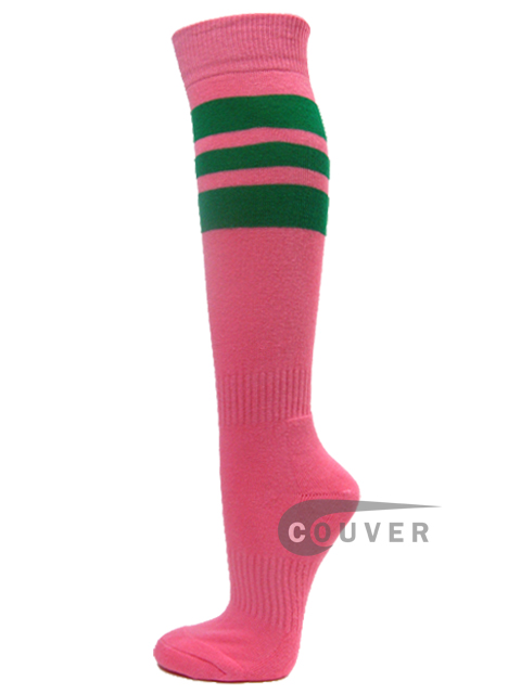 Pink COUVER Sports/softball socks with 3 green stripes 3PAIRs