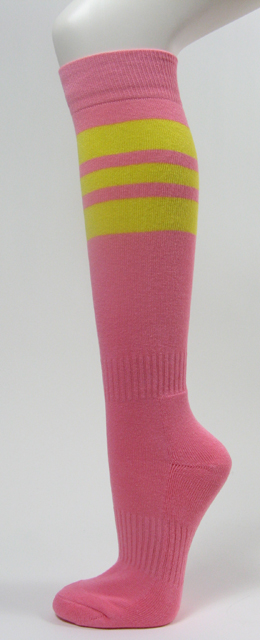 Pink softball socks with 3 bright yellow stripes