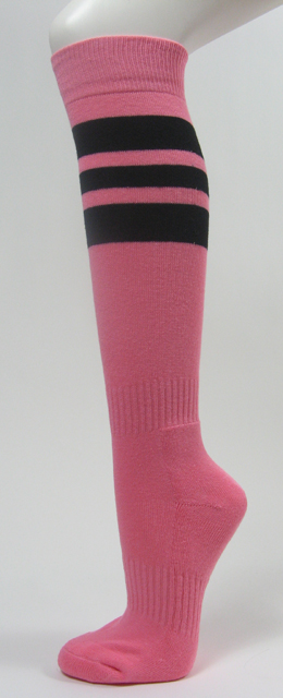 Pink softball socks with 3 black stripes