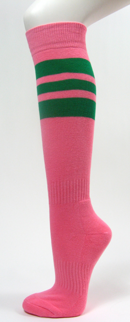Pink softball socks with 3 green stripes