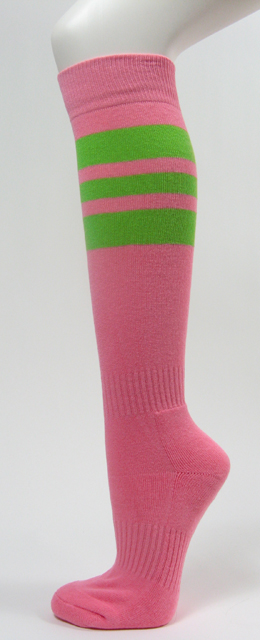 Pink softball socks with 3 lime green stripes