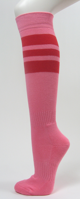 Pink softball socks with 3 red stripes