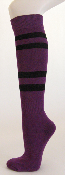 Purple knee high softball socks with black stripes